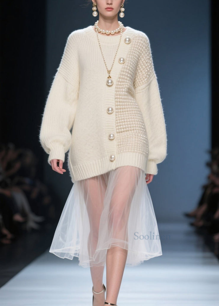 Women Beige O Neck Tulle Patchwork Knit Sweater Dress Fall