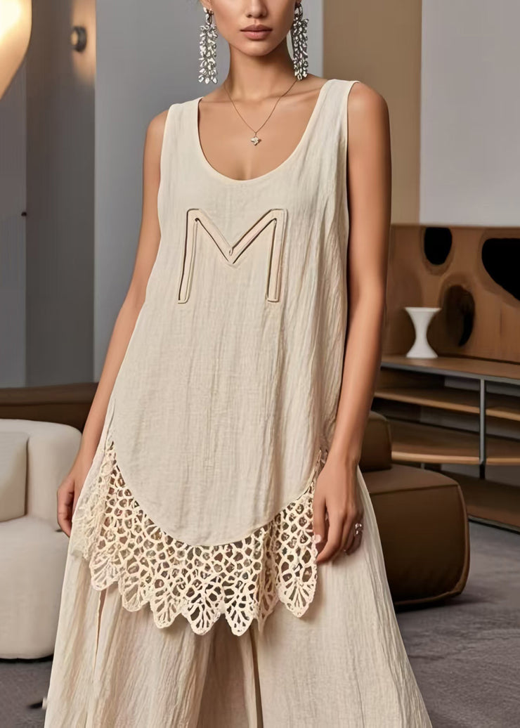 Women Beige Oversized Patchwork Lace Tanks Summer