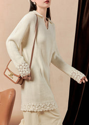 Women Beige Peter Pan Collar Hollow Out Knit Mid Dress Spring