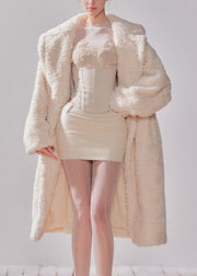 Women Beige Peter Pan Collar Pockets Faux Fur Long Coats Winter