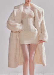 Women Beige Peter Pan Collar Pockets Faux Fur Long Coats Winter