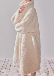 Women Beige Peter Pan Collar Pockets Faux Fur Long Coats Winter
