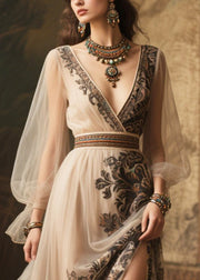 Women Beige Print Exra Large Hem Chiffon Holiday Dress Summer