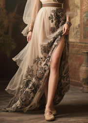 Women Beige Print Exra Large Hem Chiffon Holiday Dress Summer