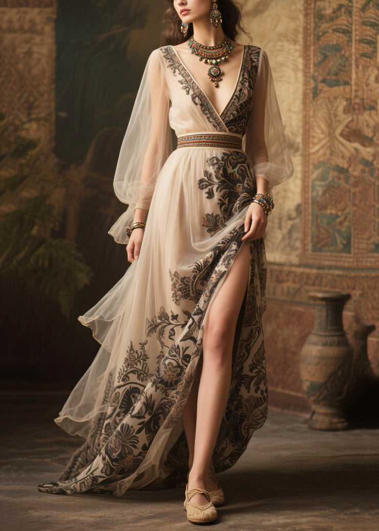 Women Beige Print Exra Large Hem Chiffon Holiday Dress Summer
