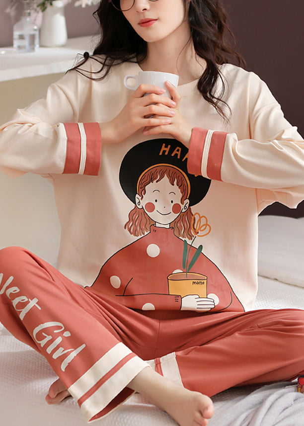 Women Beige Print T Ahirt And Orange Pants Cotton Pajamas Two Pieces Set Fall