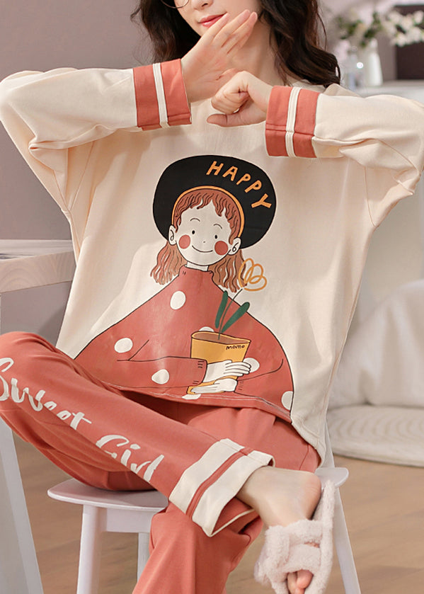 Women Beige Print T Ahirt And Orange Pants Cotton Pajamas Two Pieces Set Fall