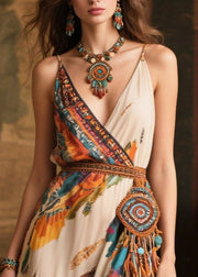 Women Beige Tasseled Side Open Chiffon Sundress Summer