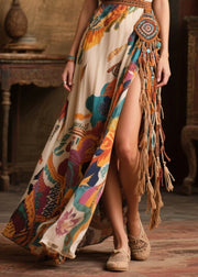 Women Beige Tasseled Side Open Chiffon Sundress Summer
