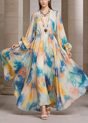Women Beige Tie Dye Exra Large Hem Chiffon Maxi Dress Fall