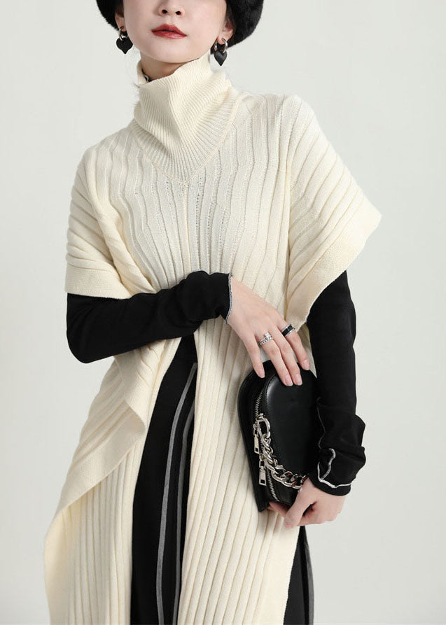 Women Beige Turtle Neck Side Open Knit Pullover Cloak Sleeves – SooLinen