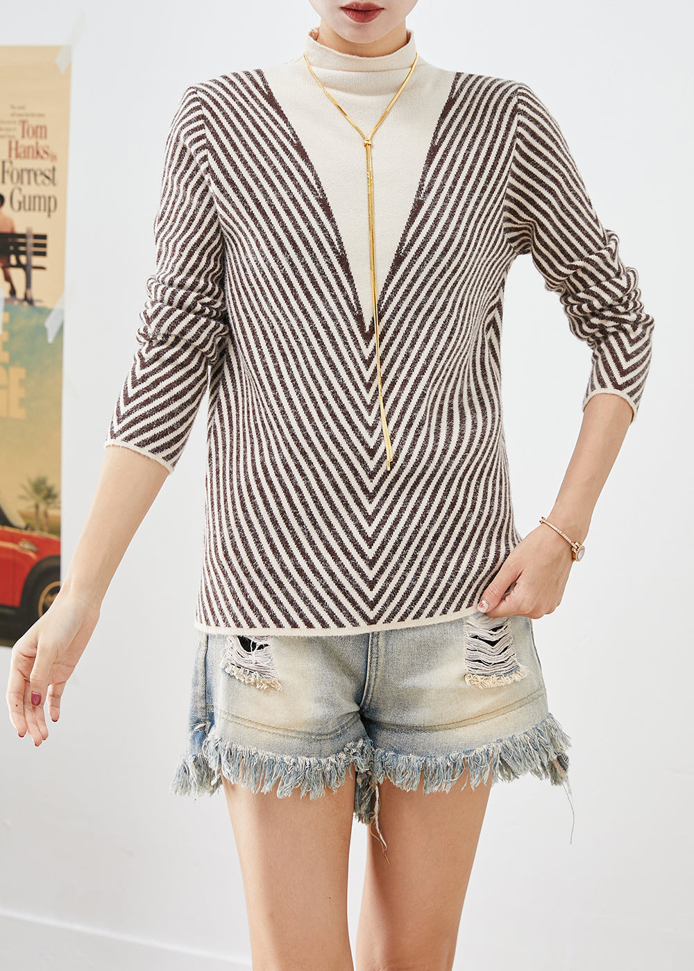 Women Beige Turtle Neck Striped Silm Fit Knit Sweater Winter – SooLinen