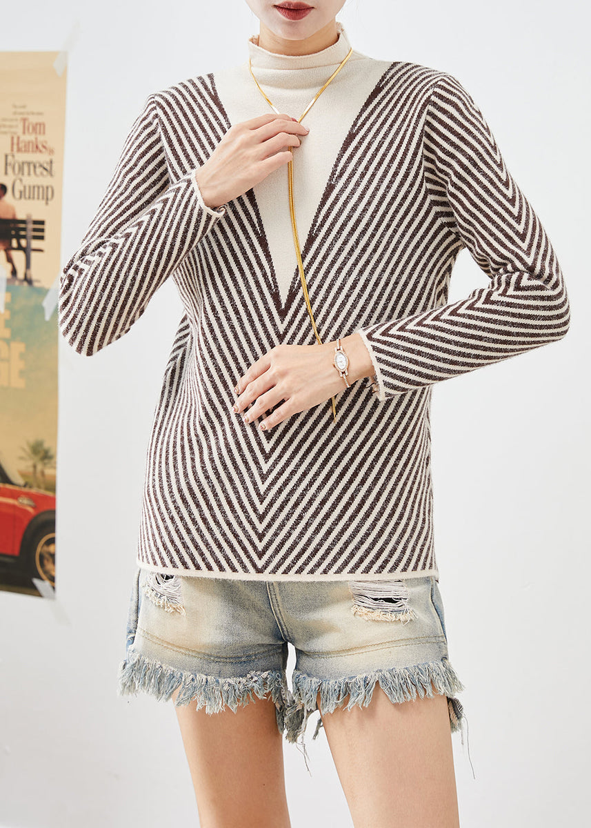 Women Beige Turtle Neck Striped Silm Fit Knit Sweater Winter – SooLinen