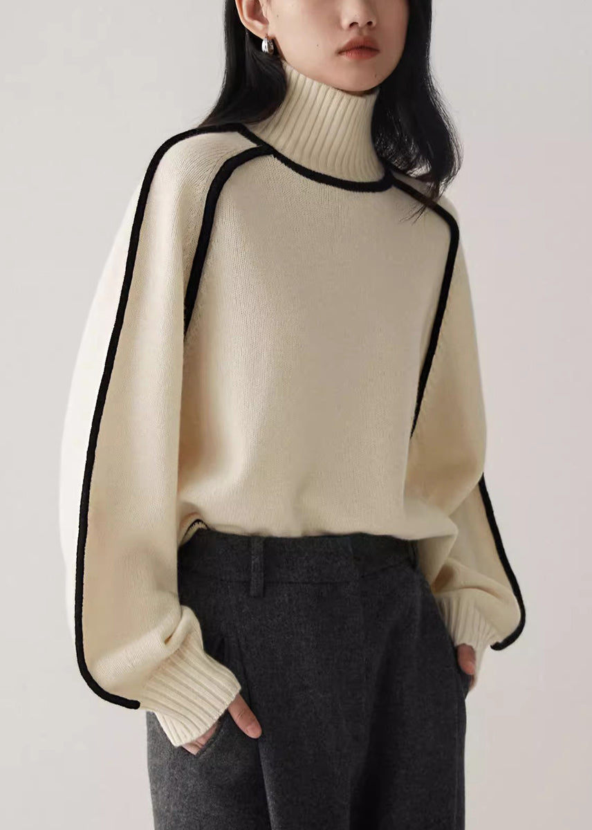 Women Beige Turtleneck Cozy Patchwork Knit Sweater Spring – SooLinen