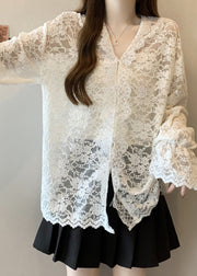 Women Beige V Neck Button Lace Shirt Flare Sleeve