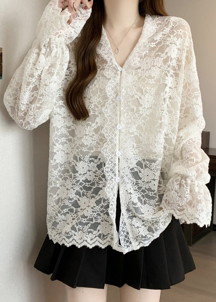 Women Beige V Neck Button Lace Shirt Flare Sleeve