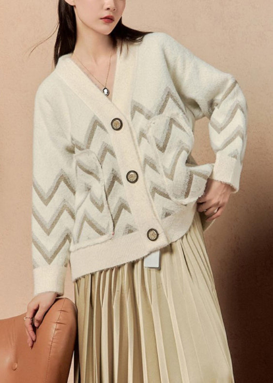 Women Beige V Neck Button Pockets Knit Coat Winter