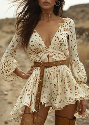 Women Beige V Neck Print Wrinkled Cotton Mini Dress Spring