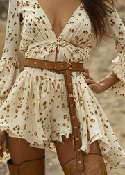 Women Beige V Neck Print Wrinkled Cotton Mini Dress Spring