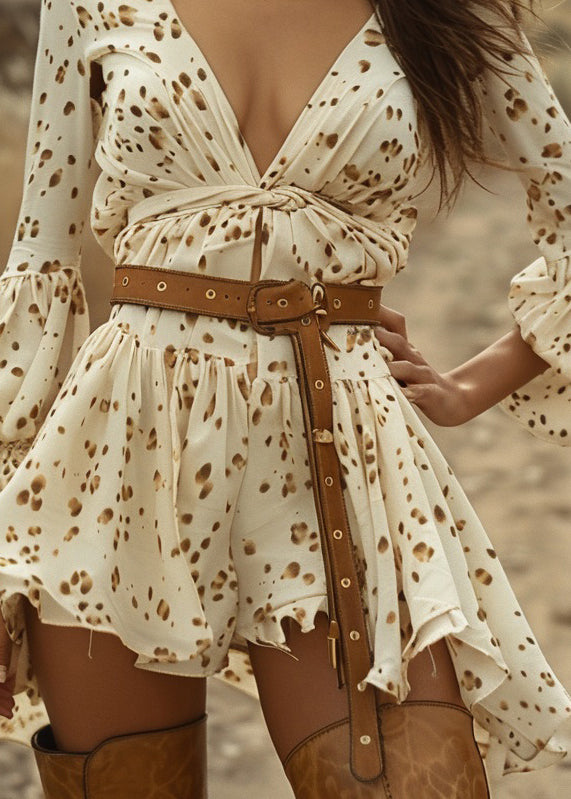 Women Beige V Neck Print Wrinkled Cotton Mini Dress Spring