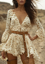 Women Beige V Neck Print Wrinkled Cotton Mini Dress Spring