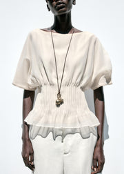 Women Beige Wrinkled Tulle Patchwork Cotton Knit T Shirts Summer
