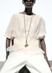 Women Beige Wrinkled Tulle Patchwork Cotton Knit T Shirts Summer