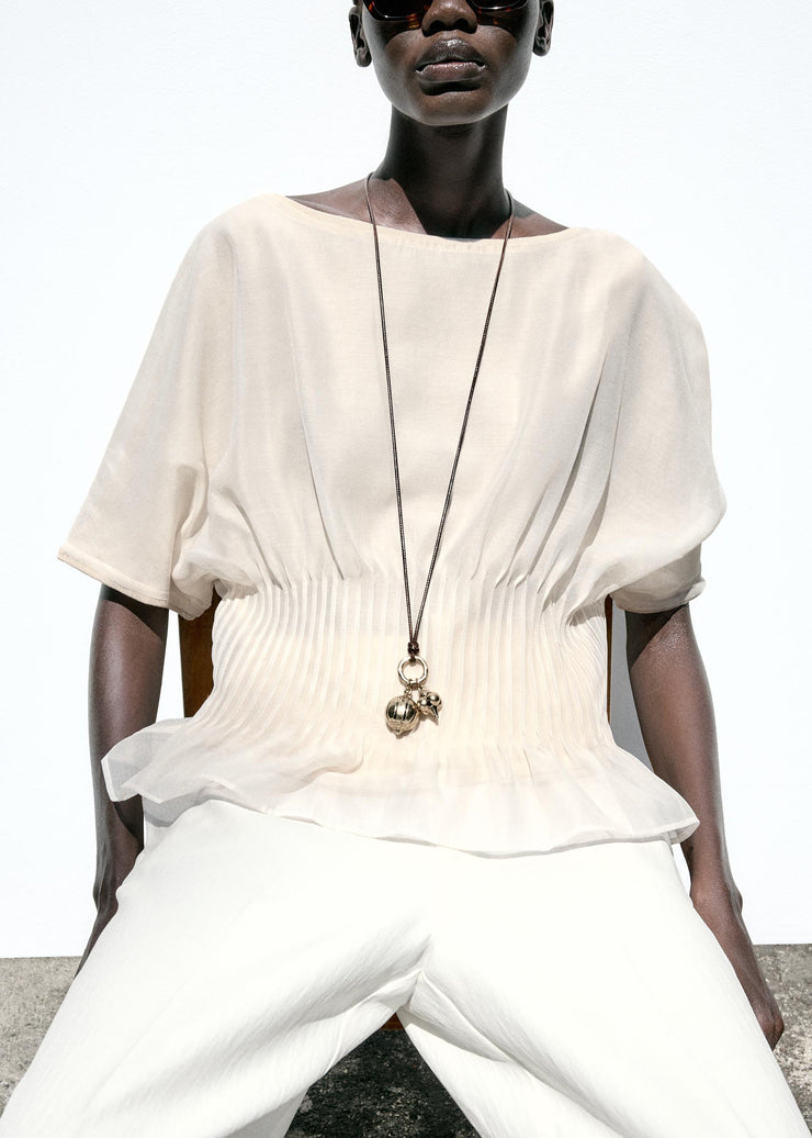 Women Beige Wrinkled Tulle Patchwork Cotton Knit T Shirts Summer