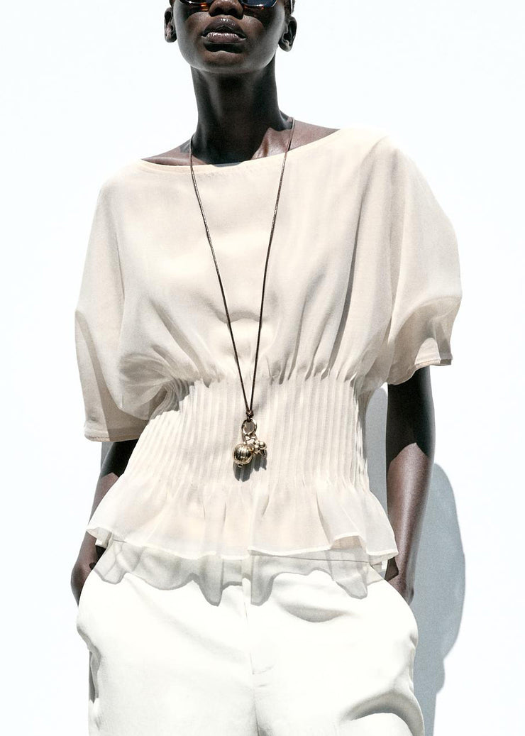 Women Beige Wrinkled Tulle Patchwork Cotton Knit T Shirts Summer