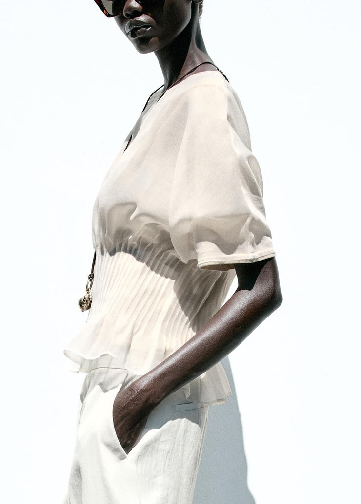 Women Beige Wrinkled Tulle Patchwork Cotton Knit T Shirts Summer