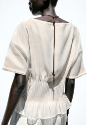Women Beige Wrinkled Tulle Patchwork Cotton Knit T Shirts Summer