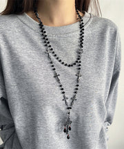 Women Black Acrylic Alloy Cross Gratuated Bead Necklace