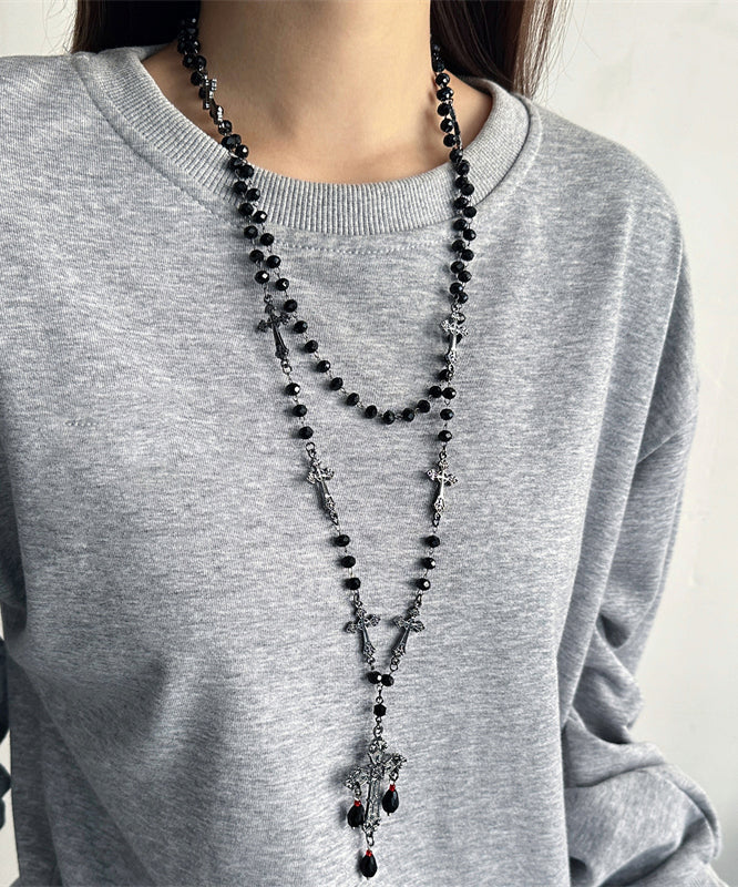 Women Black Acrylic Alloy Cross Gratuated Bead Necklace