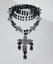 Women Black Acrylic Alloy Cross Gratuated Bead Necklace