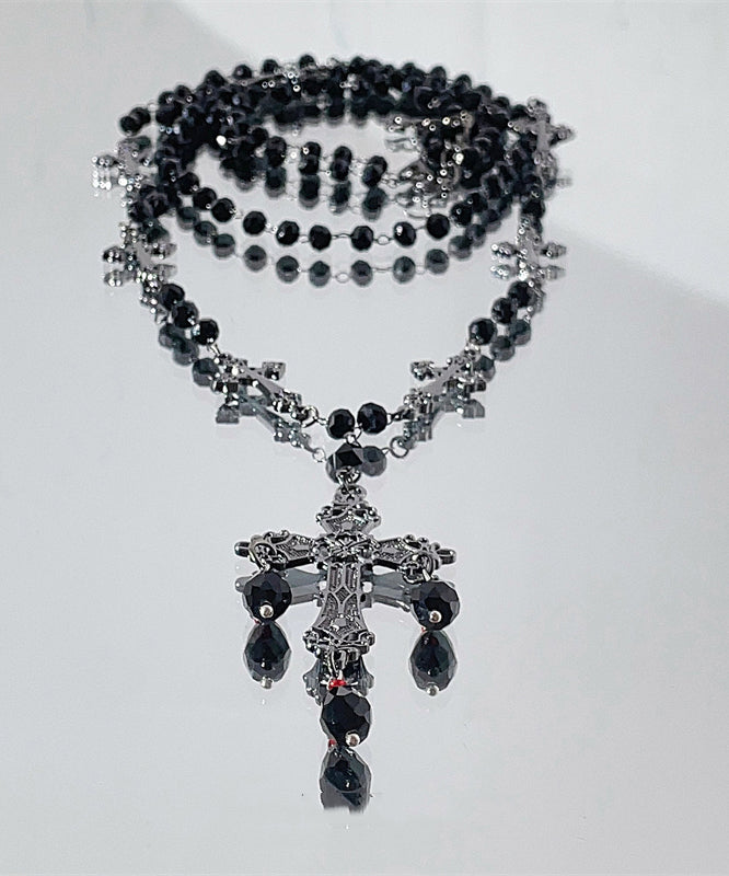 Women Black Acrylic Alloy Cross Gratuated Bead Necklace