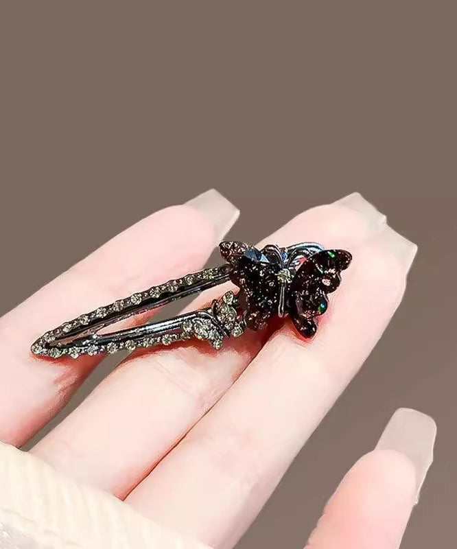 Women Black Alloy Zircon Coloured Glaze Butterfly Hairpin
