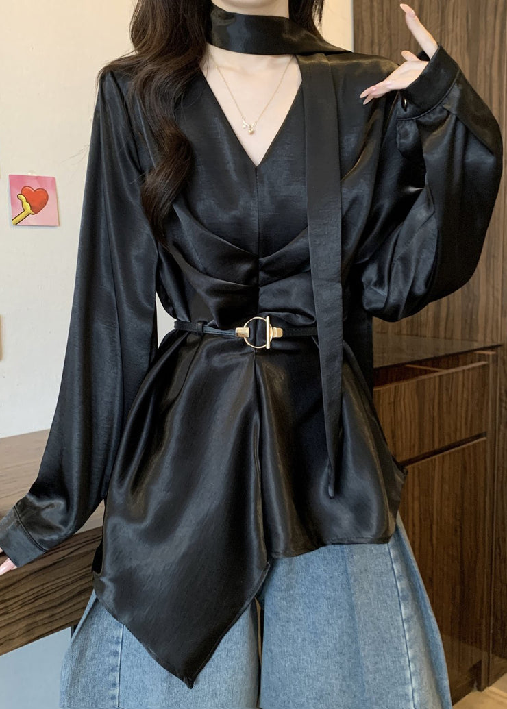 Women Black Asymmetrical Design Draping Silk Tunic Shirts Fall
