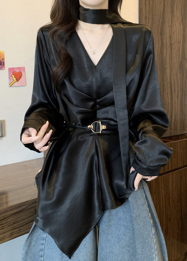 Women Black Asymmetrical Design Draping Silk Tunic Shirts Fall