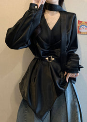 Women Black Asymmetrical Design Draping Silk Tunic Shirts Fall
