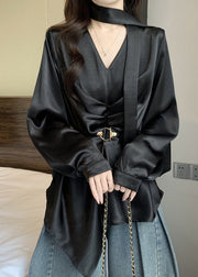 Women Black Asymmetrical Design Draping Silk Tunic Shirts Fall