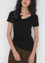Women Black Asymmetrical Solid Cotton T Shirt Summer