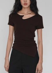 Women Black Asymmetrical Solid Cotton T Shirt Summer