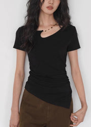 Women Black Asymmetrical Solid Cotton T Shirt Summer