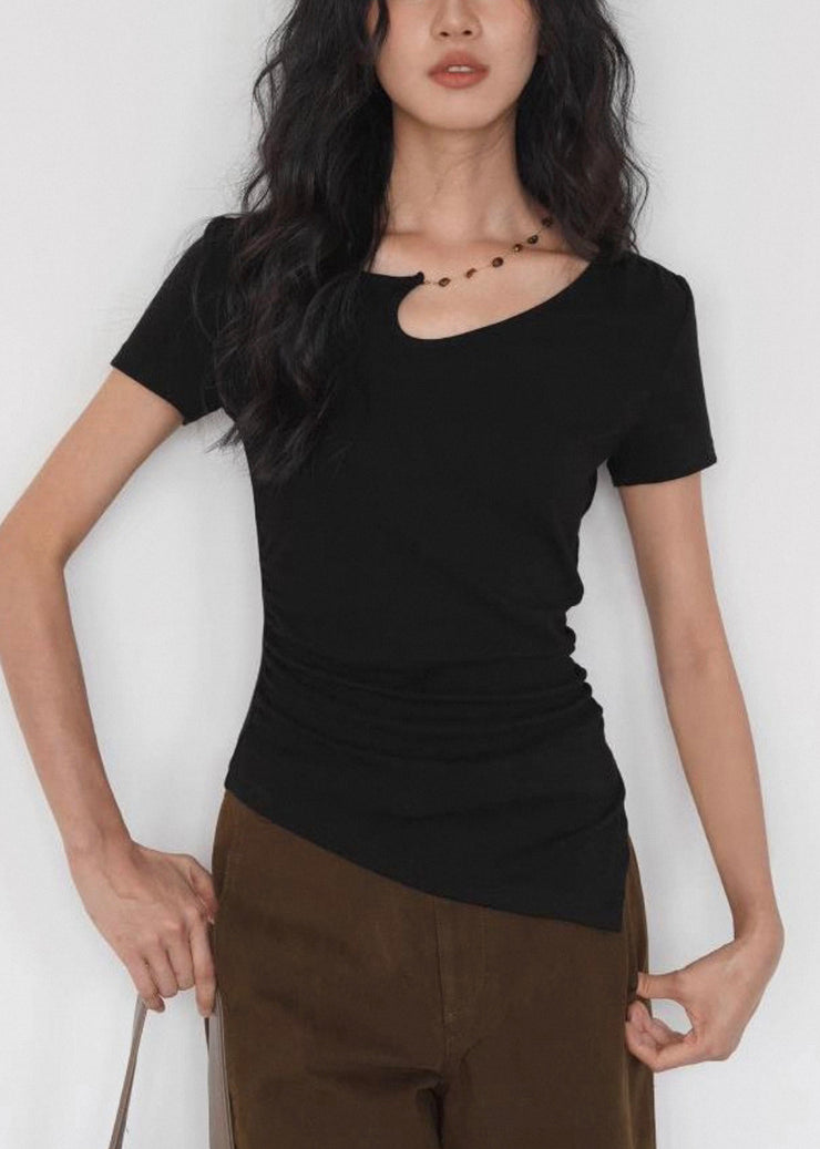 Women Black Asymmetrical Solid Cotton T Shirt Summer
