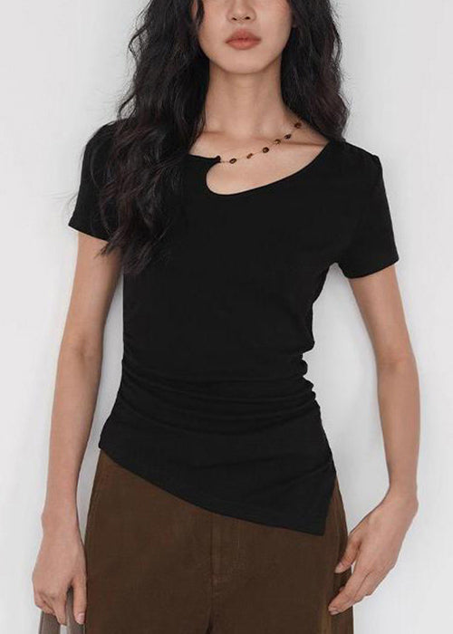 Women Black Asymmetrical Solid Cotton T Shirt Summer