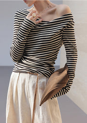 Women Black Cold Shoulder Striped Cotton Shirt Tops Fall