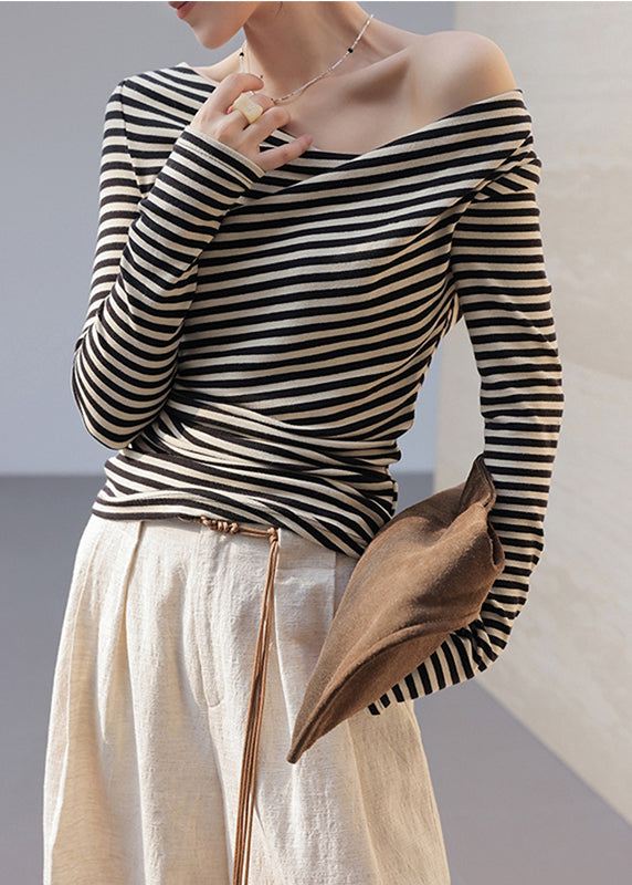 Women Black Cold Shoulder Striped Cotton Shirt Tops Fall