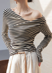 Women Black Cold Shoulder Striped Cotton Shirt Tops Fall