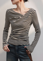 Women Black Cold Shoulder Striped Cotton Shirt Tops Fall