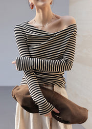 Women Black Cold Shoulder Striped Cotton Shirt Tops Fall